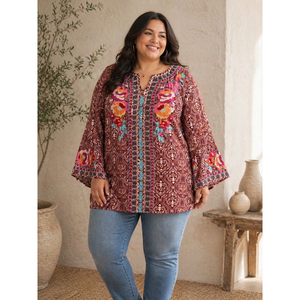 Savanna Jane Embroidered Paisley Tunic Top 3X Red Pink 3/4 Bell Sleeve Artsy